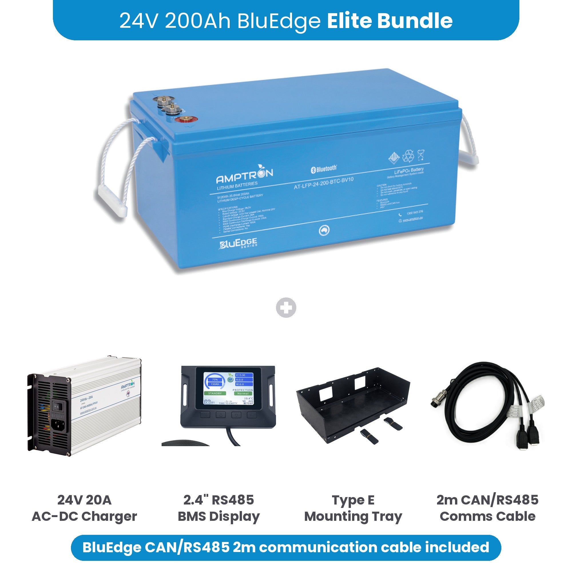 Amptron 24V BluEdge 200Ah Elite Bundle with 24V 20A charger, 2.4 inch RS485 BMS display, Type E mounting tray and 2m CAN/RS485 communication cable