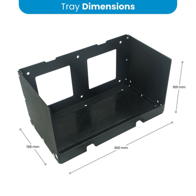 Dimensions of the Amptron Type G mounting tray, 360mm long by 198mm wide by 189mm high