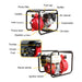 Labelled components diagram of the Bianco Vulcan BIA-MH15SHP fire fighting pump showing the pump filler, inlet, outlets, pump drain, dipstick, throttle, choke, fuel tap, recoil starter and ignition switch