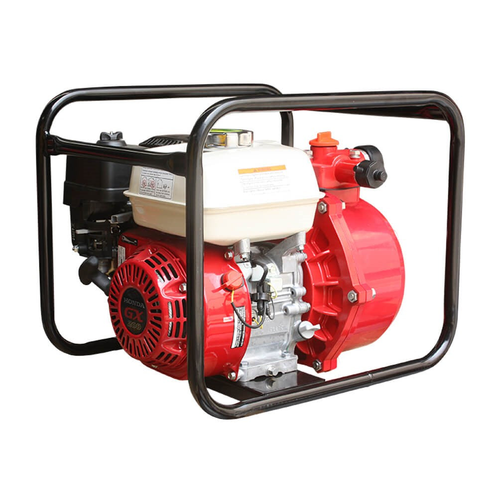 Angled view of the Bianco Vulcan BIA-MH215SHP showing the Honda GX200 recoil start and the pump discharge ports