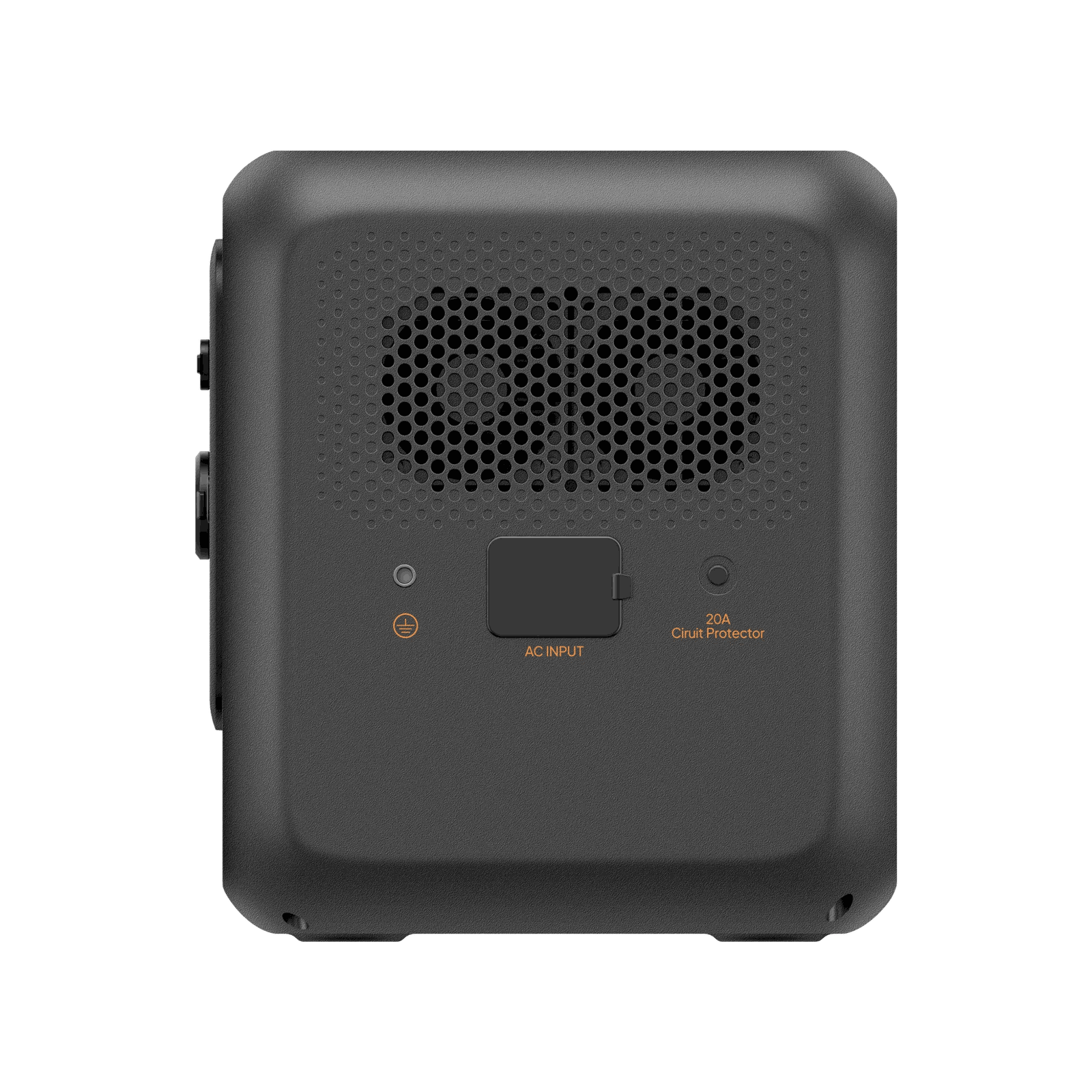 A photo of a Bluetti premium 100v2 1800w power station facing side on showing an AC input port with a white background