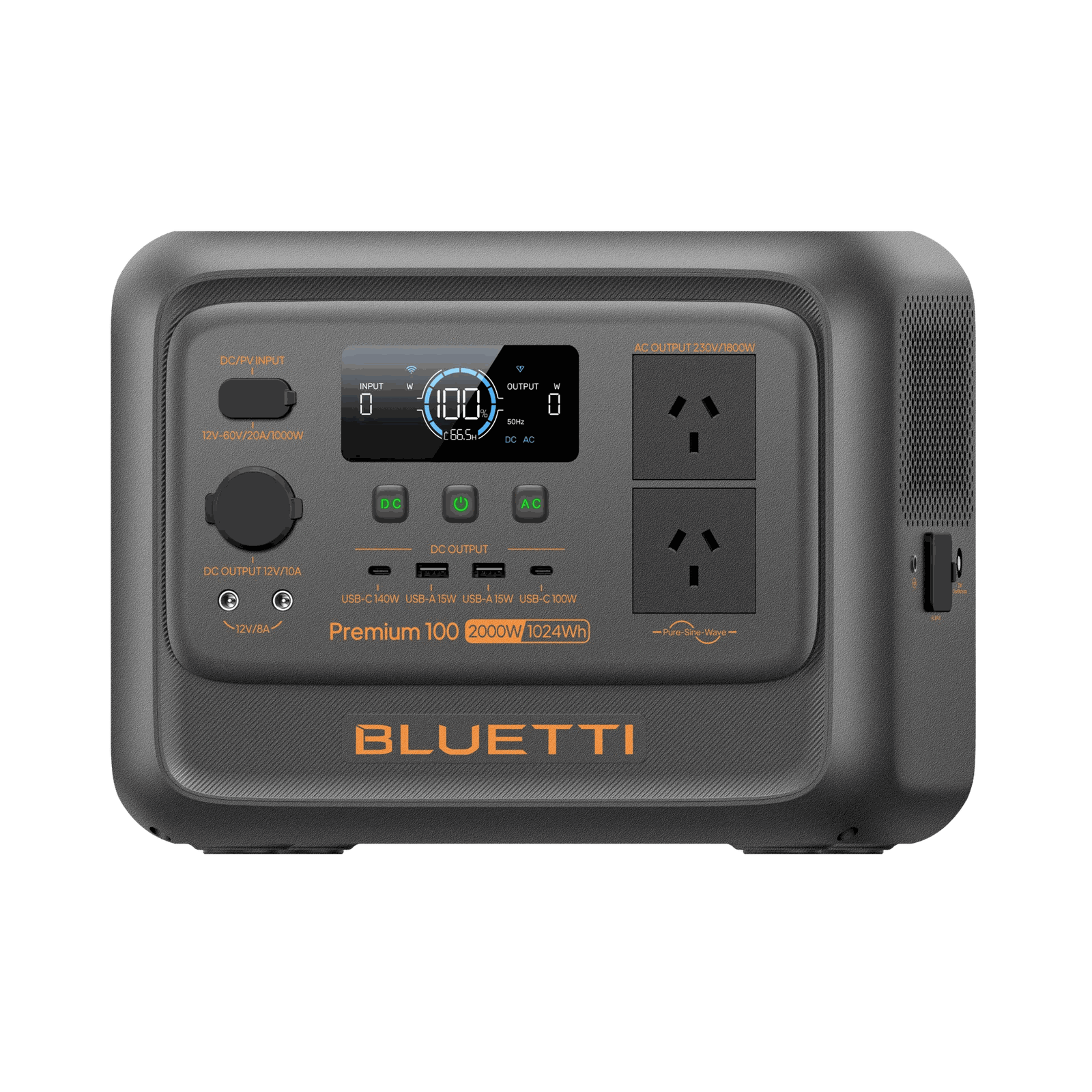 A photo of a Bluetti premium 100v2 1800w power station facing on a left side angle with a white background