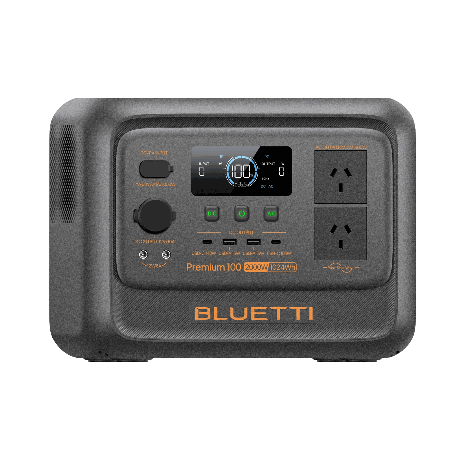 A photo of a Bluetti premium 100v2 1800w power station facing on a right side angle with a white background