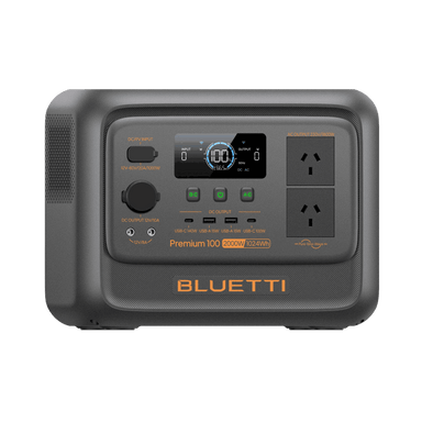 A photo of a Bluetti premium 100v2 1800w power station facing on a right side angle with a white background
