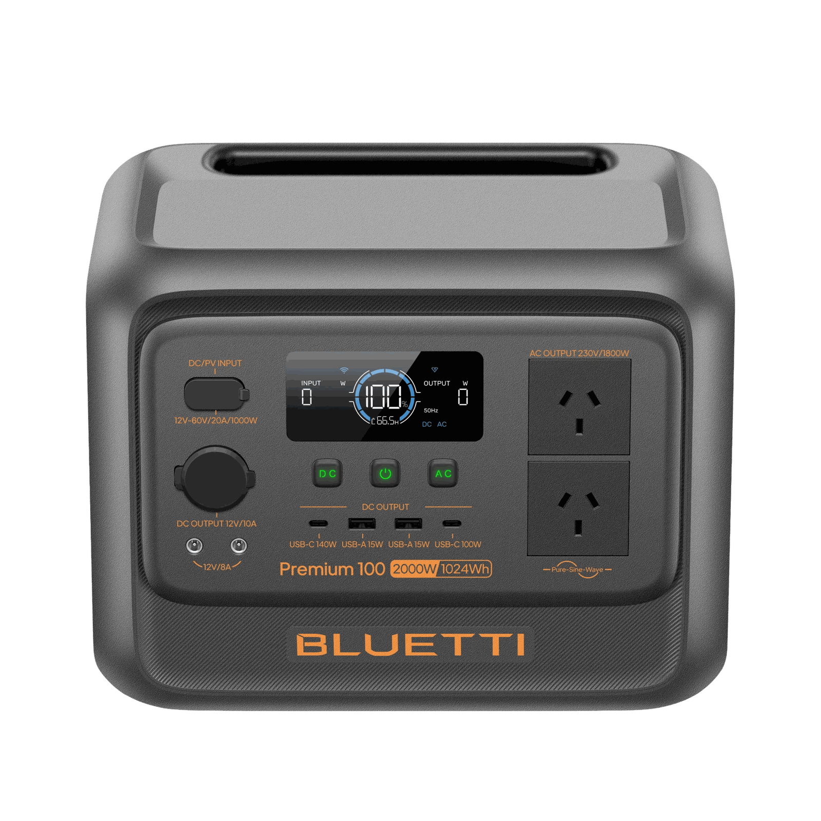 A top view photo of a Bluetti premium 100v2 1800w power station with a white background