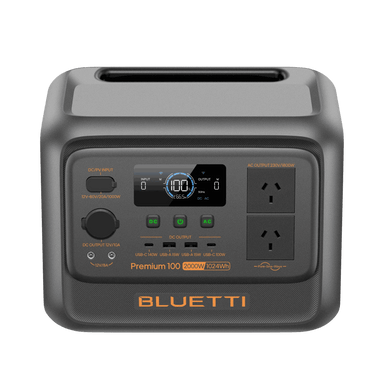 A top view photo of a Bluetti premium 100v2 1800w power station with a white background
