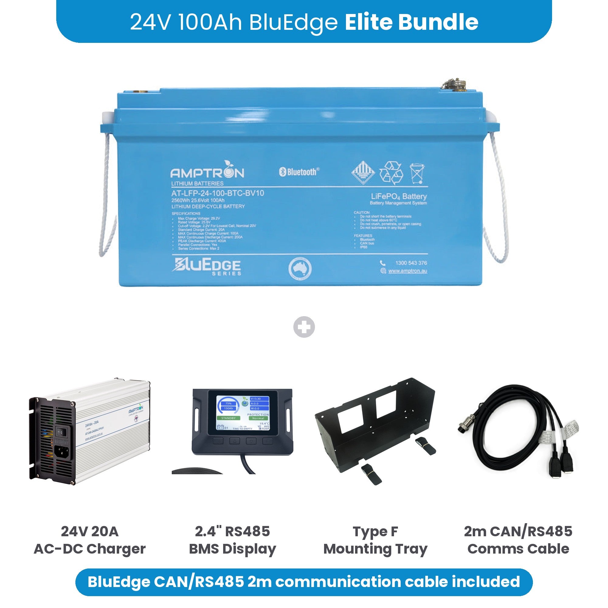 Amptron 24V BluEdge 100Ah Elite Bundle with 24V 20A charger, 2.4 inch RS485 BMS display, Type F mounting tray and 2m CAN/RS485 communication cable
