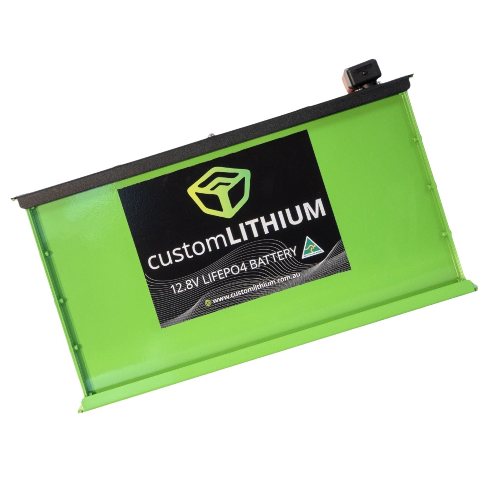 Angled view of the Custom Lithium 100Ah NextGen Slim lithium battery showing the aluminium case and mounting flanges.