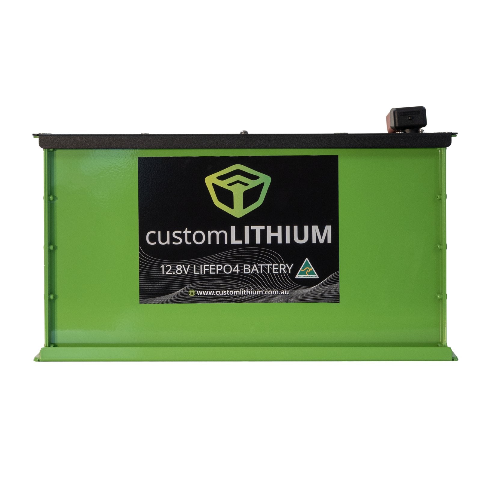 Custom Lithium 100Ah NextGen Slim LiFePO4 battery in a green aluminium case, front view with the customLITHIUM label.