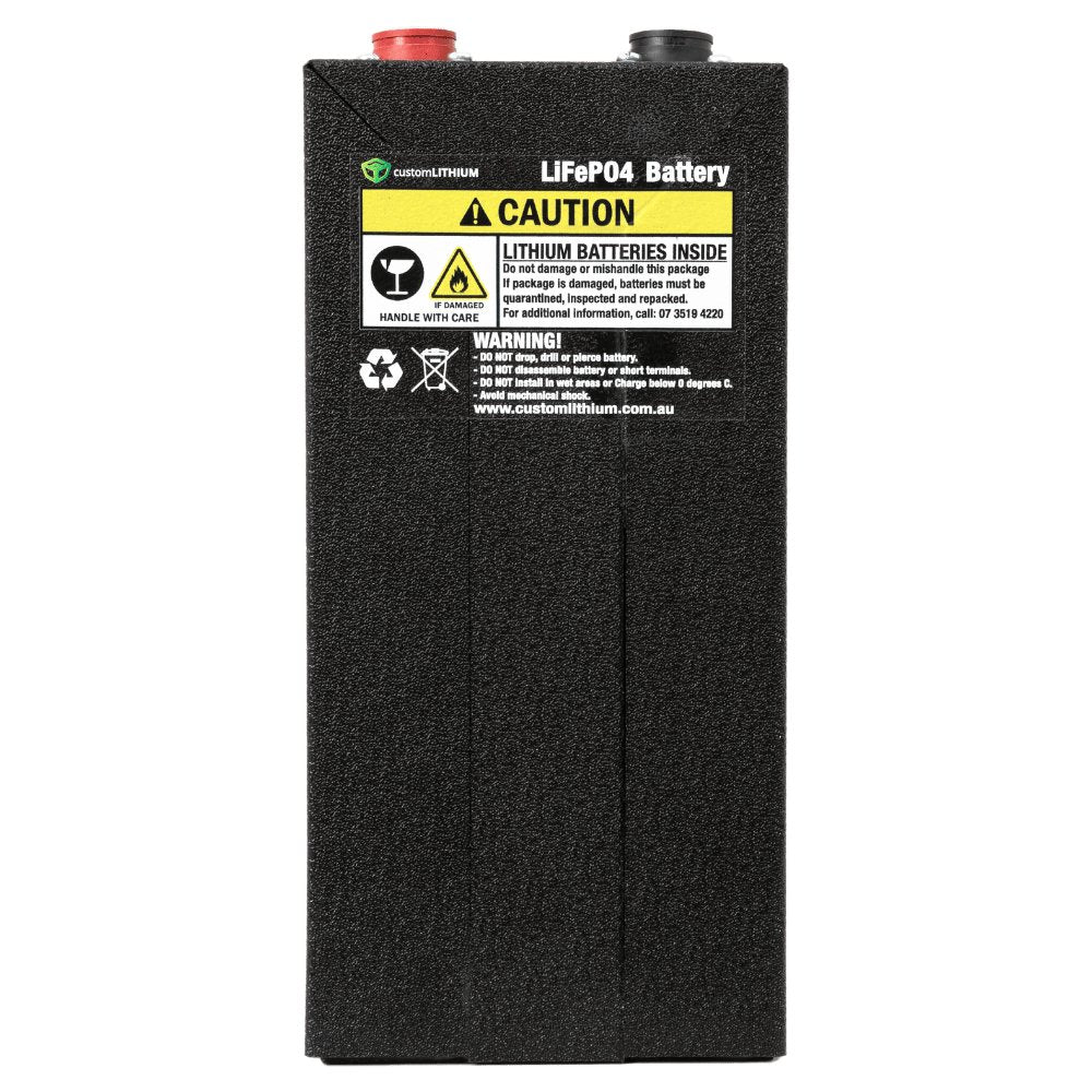 Angled view of the Custom Lithium 100Ah Slim lithium battery showing its narrow 112mm case profile.