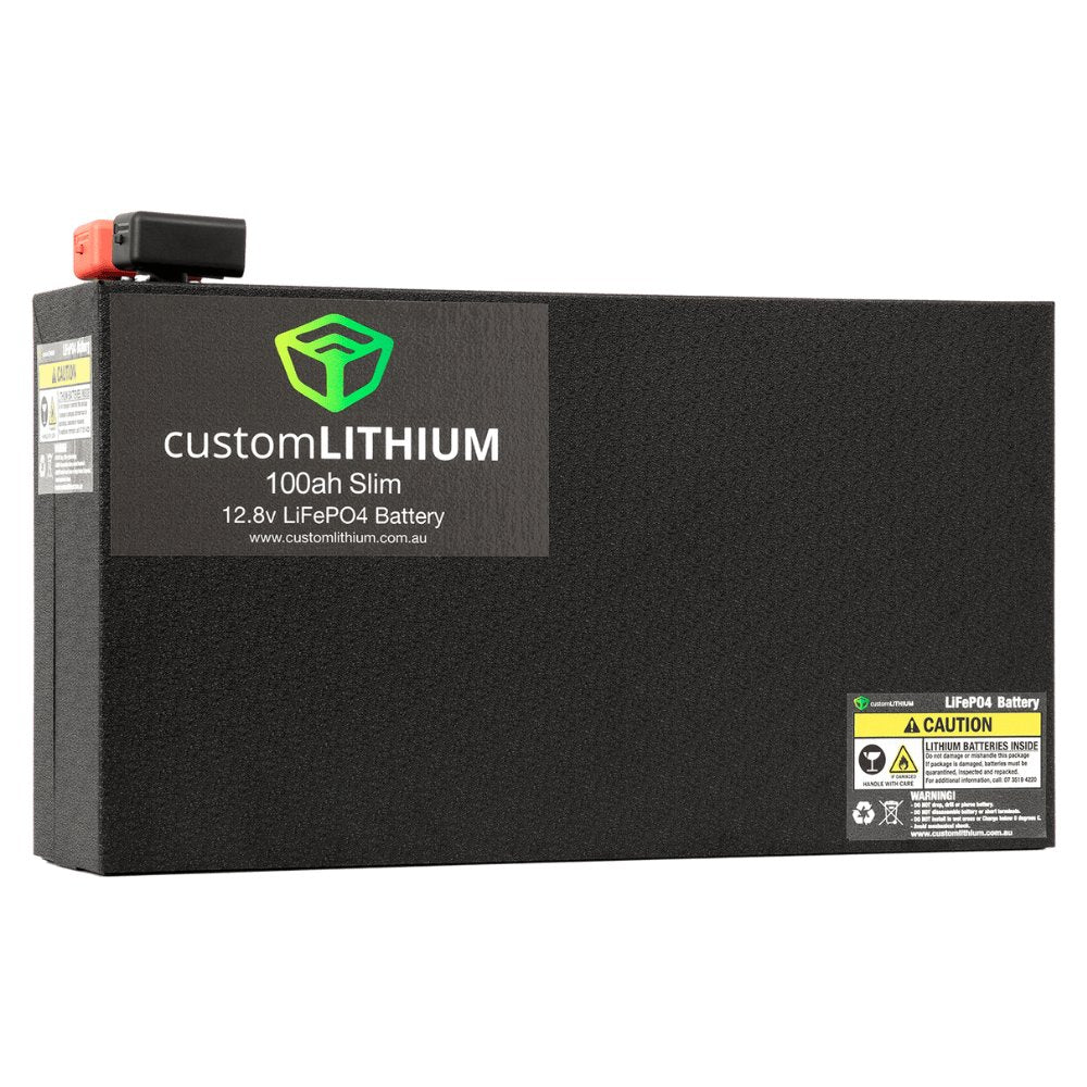 Custom Lithium 100Ah Slim LiFePO4 battery front view showing the customLITHIUM label on a white background.