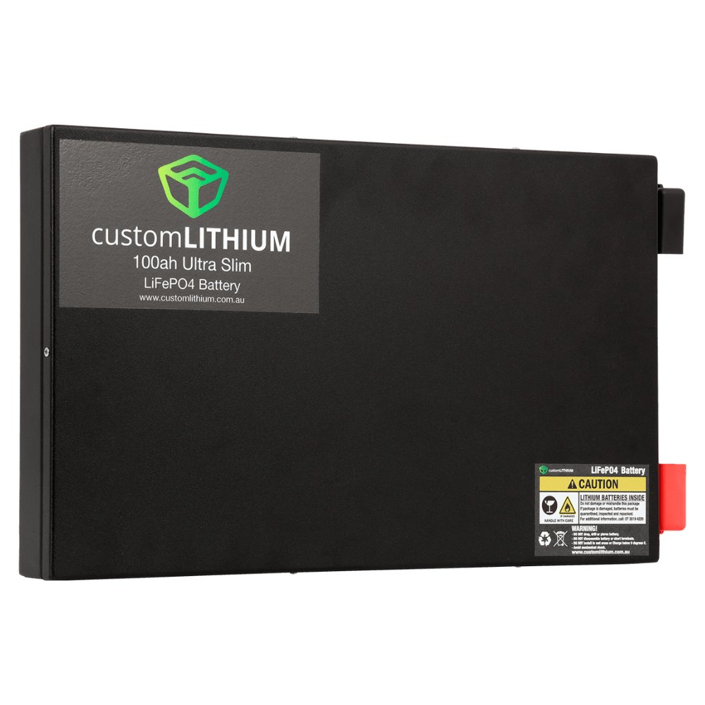 Custom Lithium 100Ah Ultra Slim LiFePO4 battery shown flat, front view with the customLITHIUM label on a white background.