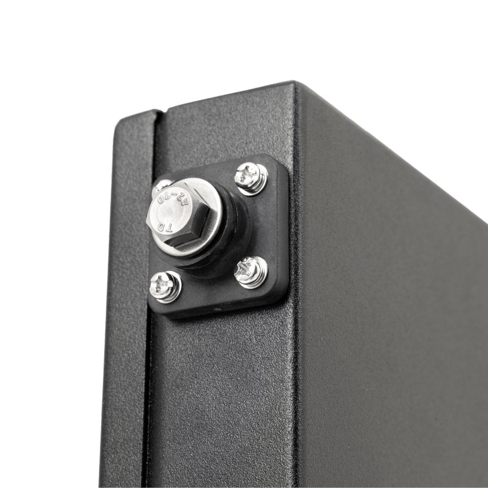Close-up of the M8 terminal post and mounting bracket on the Custom Lithium 100Ah Ultra Slim lithium battery.