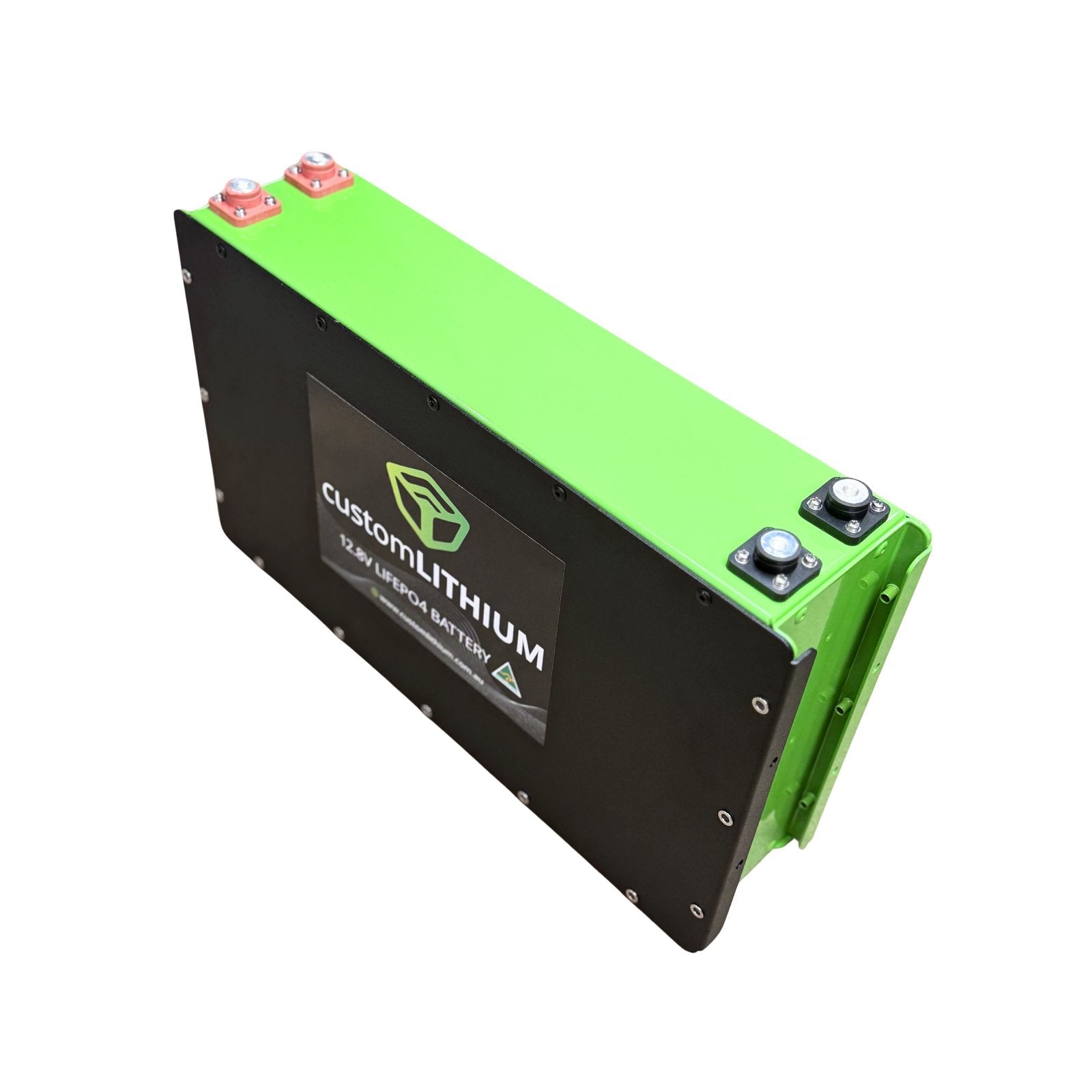 Angled view of the Custom Lithium 200Ah Dual Terminal lithium battery showing the case profile.