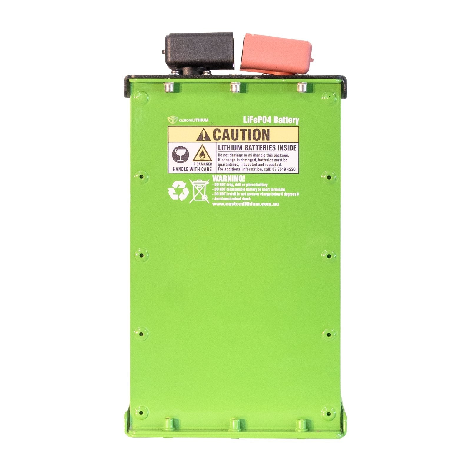 Angled view of the Custom Lithium 200Ah NextGen Slim lithium battery showing the aluminium case and mounting flanges.