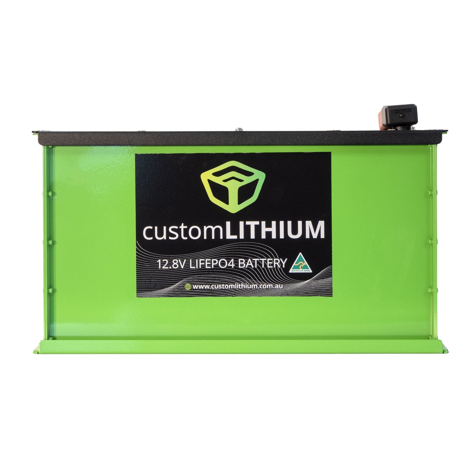 Custom Lithium 230Ah NextGen Slim LiFePO4 battery in a green aluminium case, front view with the customLITHIUM label.