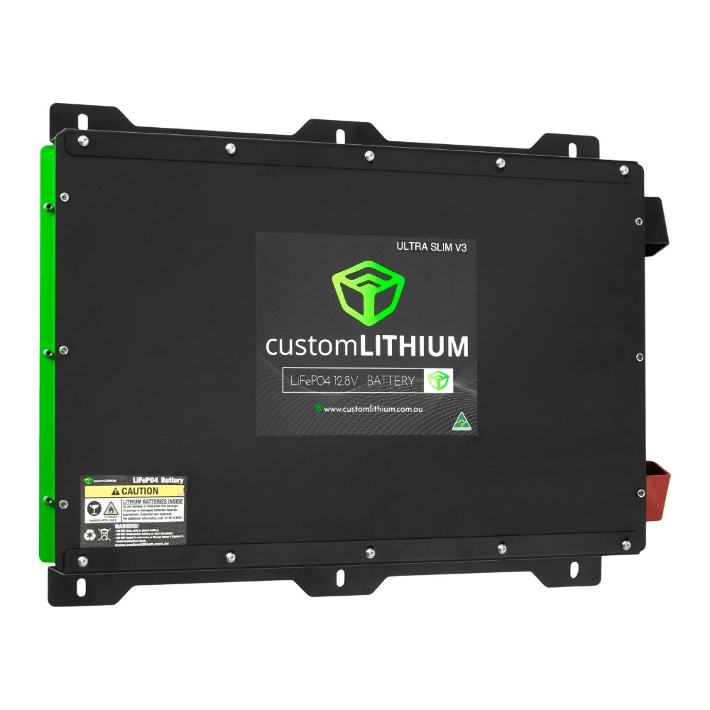 Custom Lithium 230Ah NextGen Ultra Slim LiFePO4 battery front view with the customLITHIUM label on a white background.