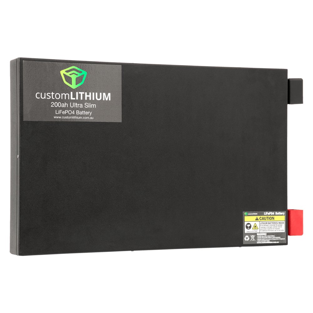 Custom Lithium 230Ah Ultra Slim LiFePO4 battery shown flat, front view with the customLITHIUM label on a white background.