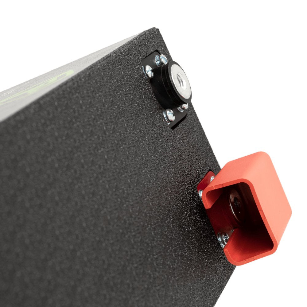 Close-up of the M8 terminal posts on the Custom Lithium 310Ah Slim lithium battery.