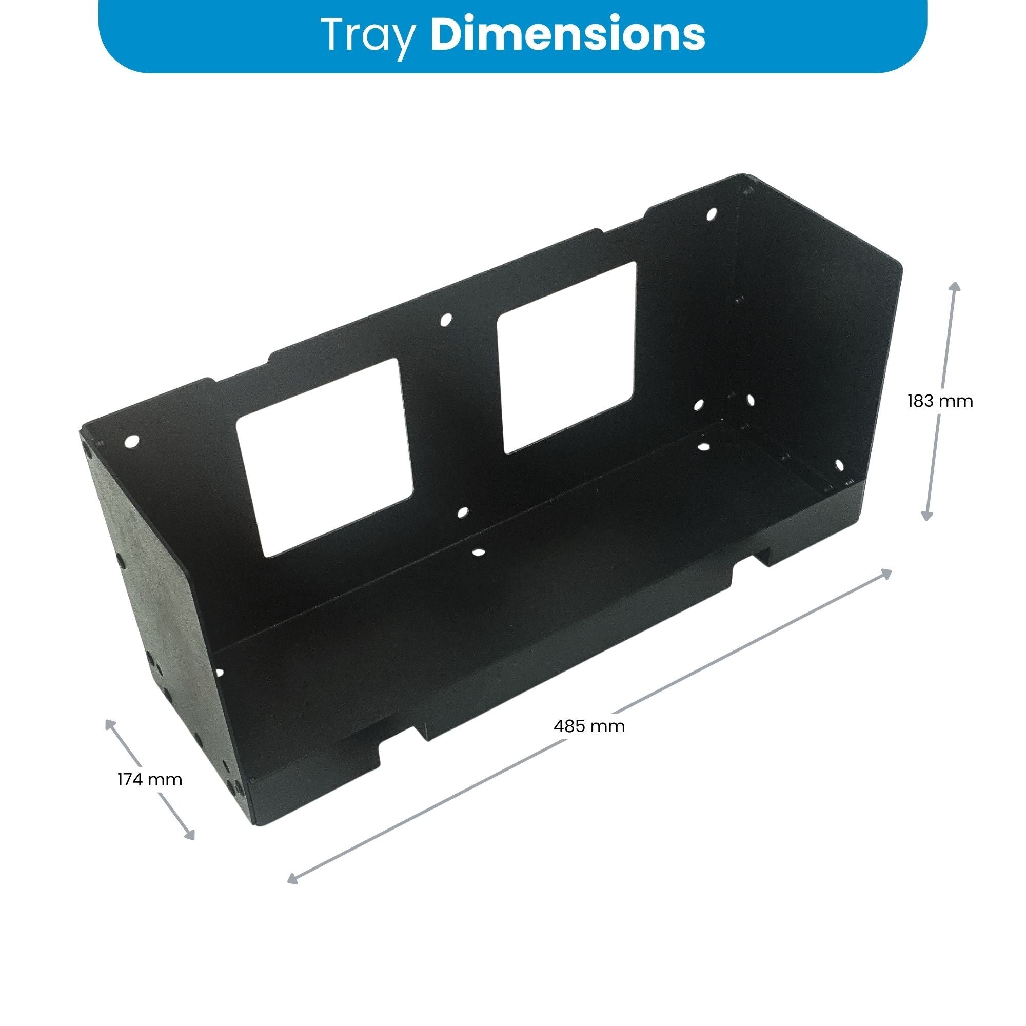 Dimension diagram of the Amptron Type F mounting tray, measuring 485mm long with 183mm and 174mm sides