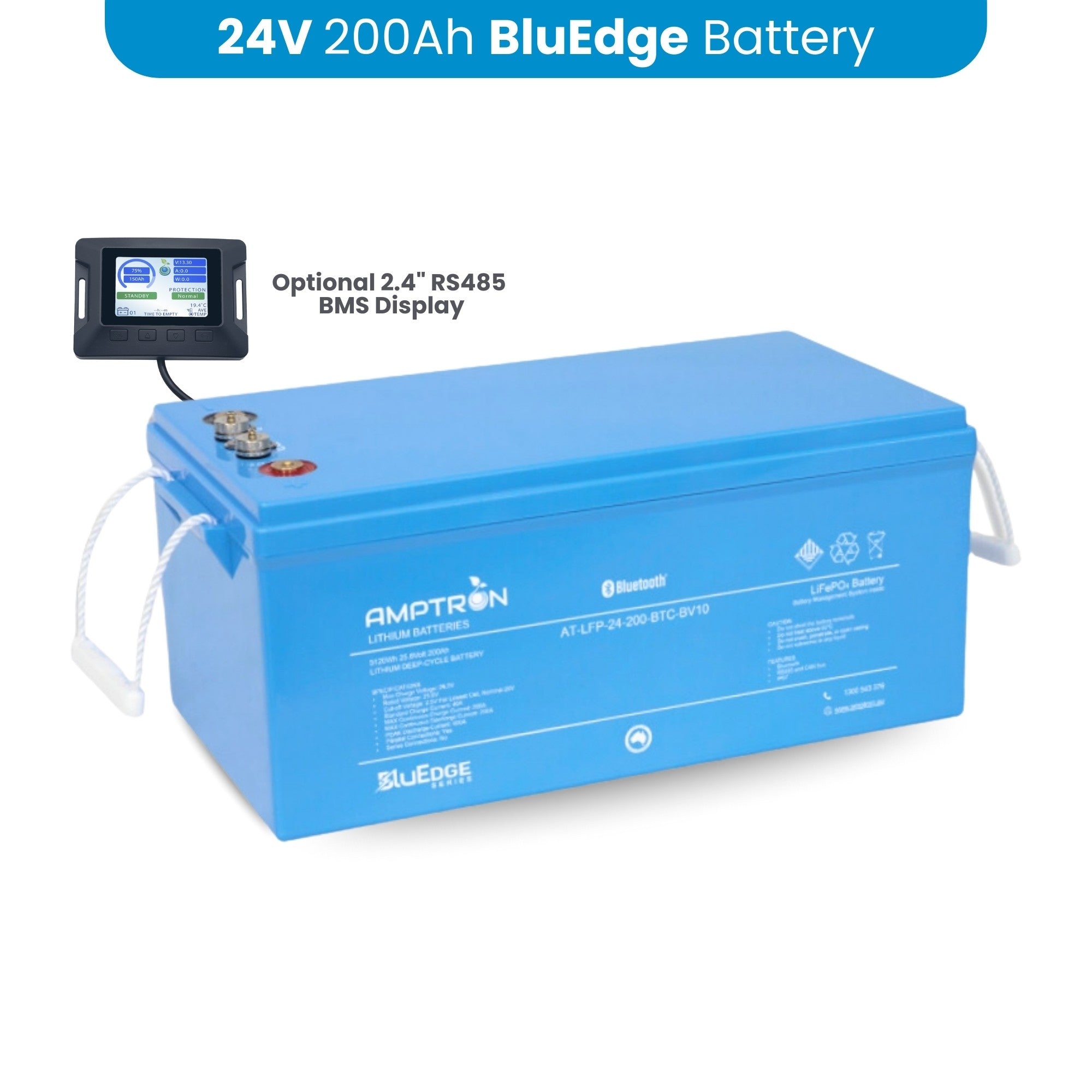 Amptron 24V 200Ah BluEdge lithium battery AT-LFP-24-200-BTC-BV10 shown with the optional 2.4 inch RS485 BMS display