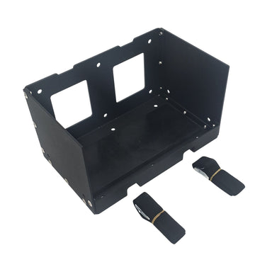 Amptron powder coated aluminium battery mounting tray for the 12V 100Ah Compact Classic, shown with two locking straps
