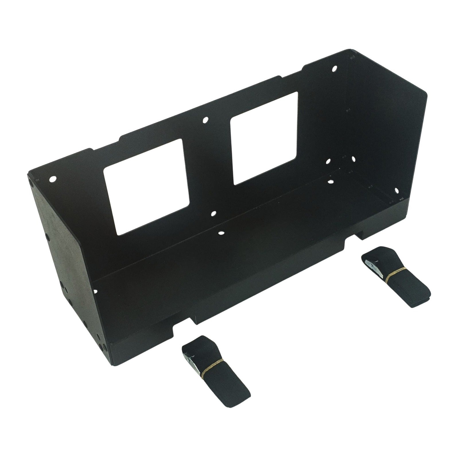 Amptron Type B powder coated aluminium battery mounting tray with two locking straps on a white background