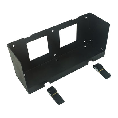 Amptron Type B powder coated aluminium battery mounting tray with two locking straps on a white background