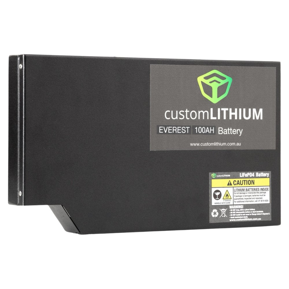 Custom Lithium 100Ah LiFePO4 dual battery for the Ford Everest, shown on a white background with the customLITHIUM label and caution sticker visible.