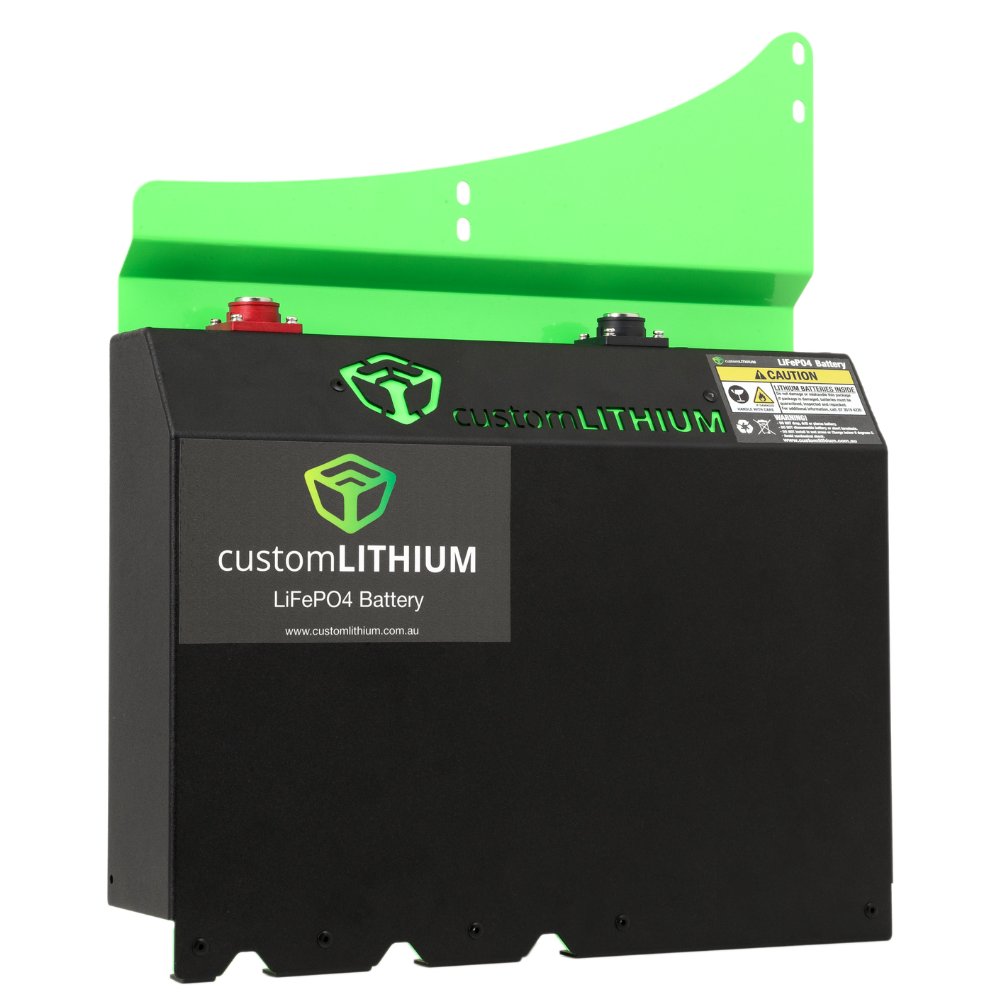 Custom Lithium LiFePO4 dual battery for the Ford Ranger, front view on a white background showing the green moulded top and customLITHIUM label.