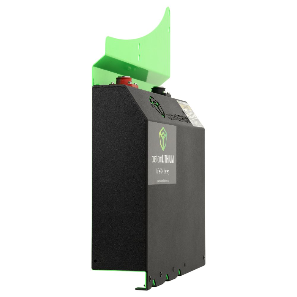 Side profile of the Custom Lithium Ford Ranger dual battery showing the slim vehicle-specific case shape and green upper moulding.
