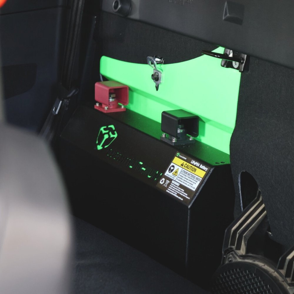 Custom Lithium Ford Ranger dual battery fitted in the rear of the cab, showing how the case follows the contour of the vehicle floor.