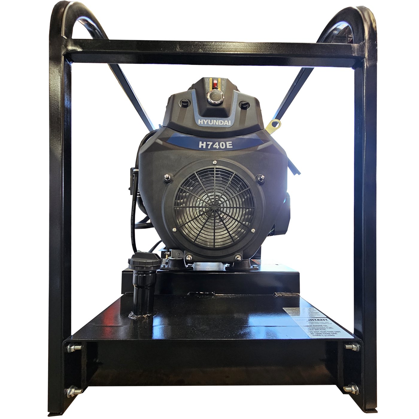Hyundai GHP18000E-FBT 18kVA petrol generator front view showing the H740E engine mounted on a skid base fuel tank inside a black protective frame on a white background.