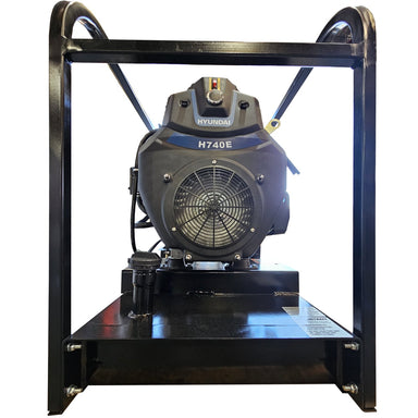 Hyundai GHP18000E-FBT 18kVA petrol generator front view showing the H740E engine mounted on a skid base fuel tank inside a black protective frame on a white background.
