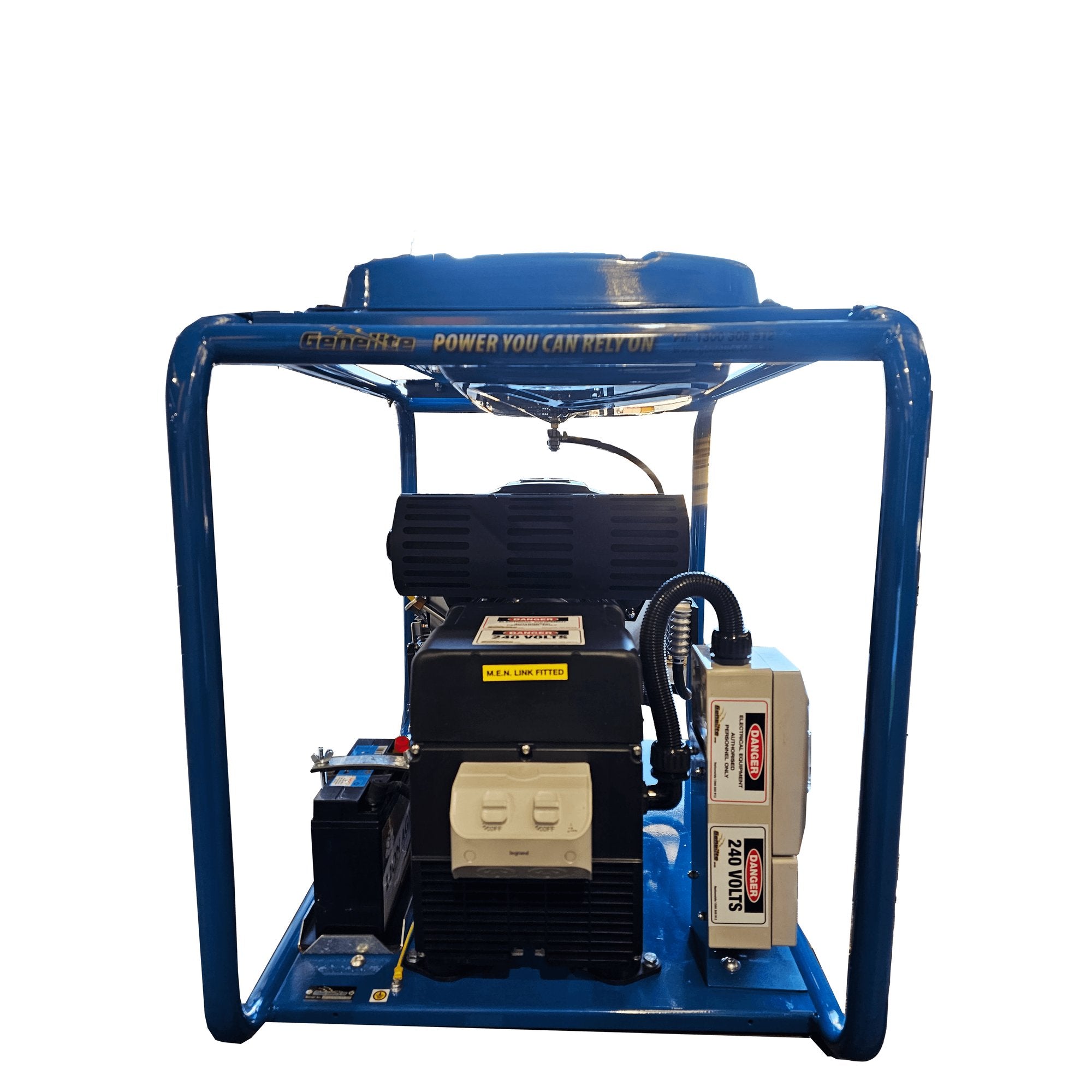 Angled view of the Hyundai GHP18000E-LRT 18kVA petrol generator showing the control panel with outlets and circuit protection.