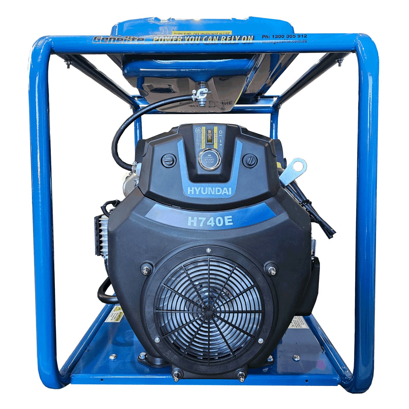 Hyundai GHP18000E-LRT 18kVA petrol generator in blue, front view showing the H740E engine inside its heavy duty blue roll frame on a white background.