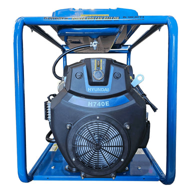 Hyundai GHP18000E-LRT 18kVA petrol generator in blue, front view showing the H740E engine inside its heavy duty blue roll frame on a white background.