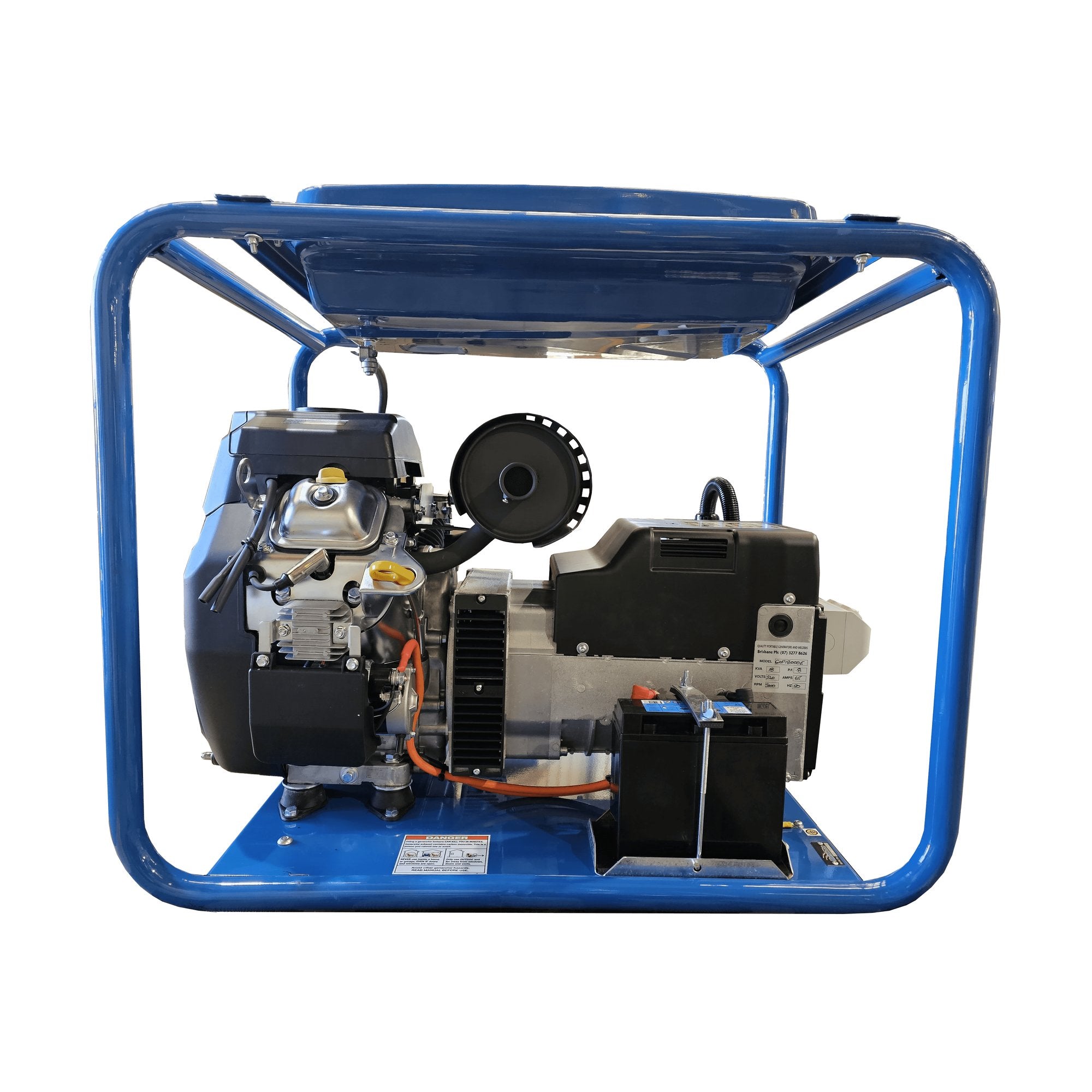Side view of the Hyundai GHP18000E-LRT 18kVA petrol generator showing the brushless alternator, engine and blue roll frame.