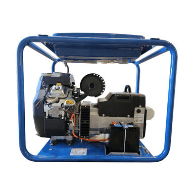 Side view of the Hyundai GHP18000E-LRT 18kVA petrol generator showing the brushless alternator, engine and blue roll frame.
