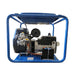 Side view of the Hyundai GHP18000E-LRT 18kVA petrol generator showing the brushless alternator, engine and blue roll frame.