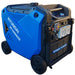 Hyundai HY10000iSE portable inverter generator in blue and black, angled to the front right showing the control panel, wheels and carry handles on a white background.