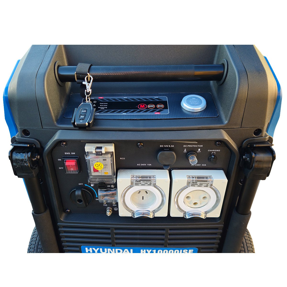Close-up of the Hyundai HY10000iSE inverter generator control panel showing the key start, circuit breaker, DC protection and the 32 amp and 15 amp IP66 weatherproof outlets.