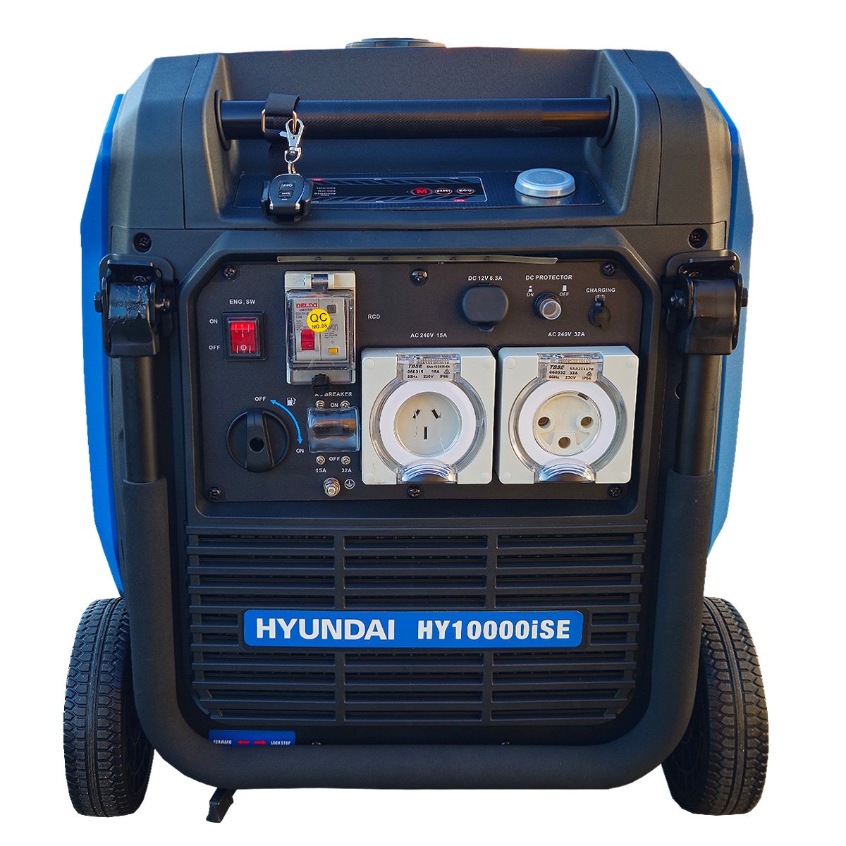 Front view of the Hyundai HY10000iSE inverter generator showing the control panel with 32 amp and 15 amp IP66 outlets, circuit breaker and DC ports.