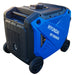 Rear three-quarter view of the Hyundai HY10000iSE inverter generator showing the ventilated rear panel, fuel cap and wheel kit.
