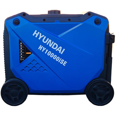 Side profile of the Hyundai HY10000iSE inverter generator showing the blue moulded casing, large rear wheels and lifting points.