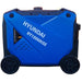 Side profile of the Hyundai HY10000iSE inverter generator showing the blue moulded casing, large rear wheels and lifting points.
