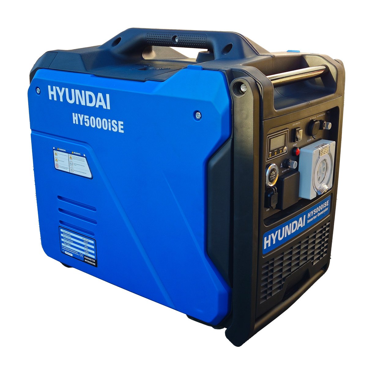 Hyundai HY5000iSE portable inverter generator in blue and black, angled to the front right showing the enclosed casing, carry handle and control panel on a white background.