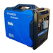 Hyundai HY5000iSE portable inverter generator in blue and black, angled to the front right showing the enclosed casing, carry handle and control panel on a white background.