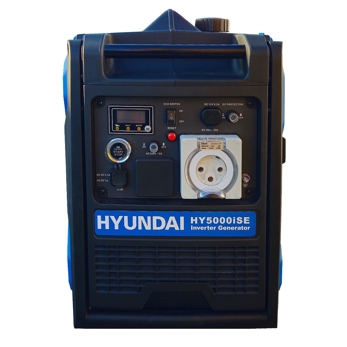 Front control panel of the Hyundai HY5000iSE inverter generator showing the digital display, electric start switch, DC outlet and 32 amp 240 volt socket.