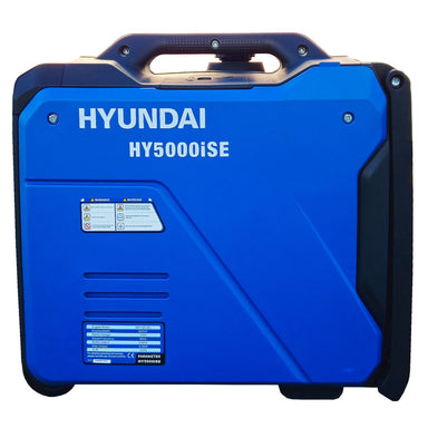 Side view of the Hyundai HY5000iSE inverter generator showing the blue enclosed casing, top carry handle and compliance labelling.